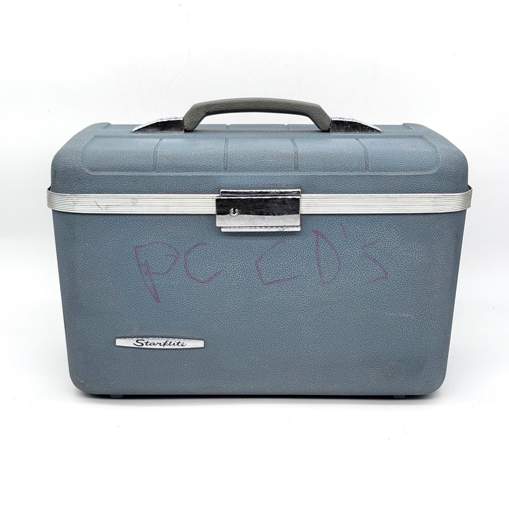 Vintage Starflite Blue Hard Shell Train Case Makeup Travel Luggage Box 14x9x9
